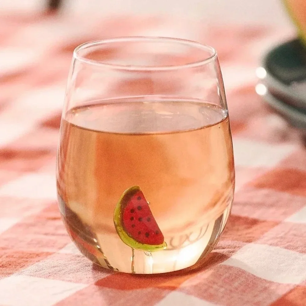 Anthropologie Cheerie Icon Stemless Wine Glass Watermelon 3D Fruit‎ Clear